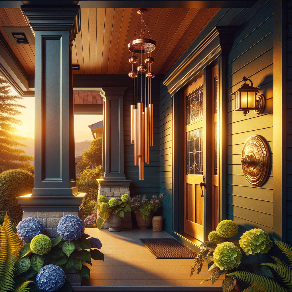 Curb Appeal Bundle — copper rain chain and wind chime on a craftsman porch with brass doorbell plate on front door