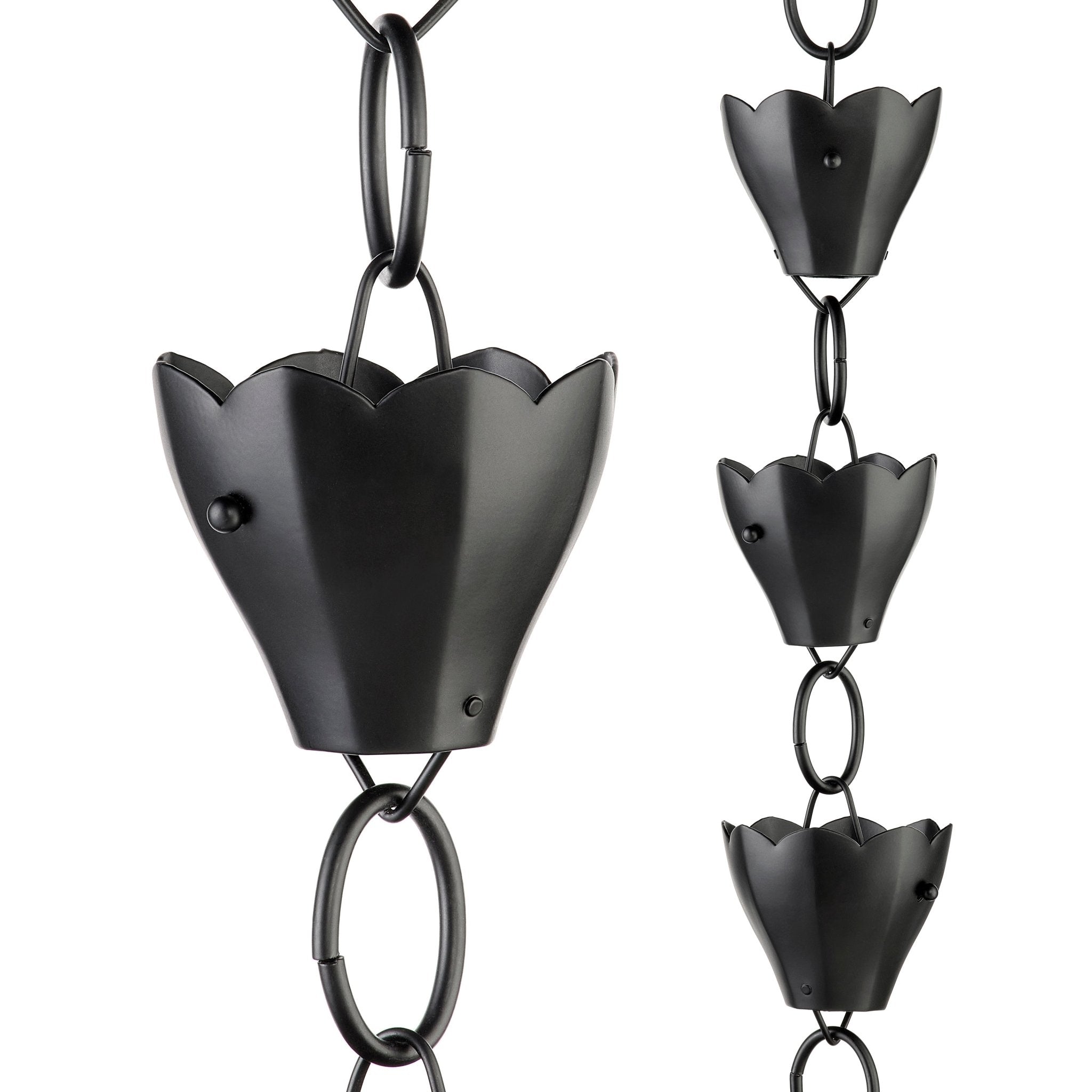 Aluminum Bell Rain Chain — powder-coated aluminum bells that ring softly in the rain