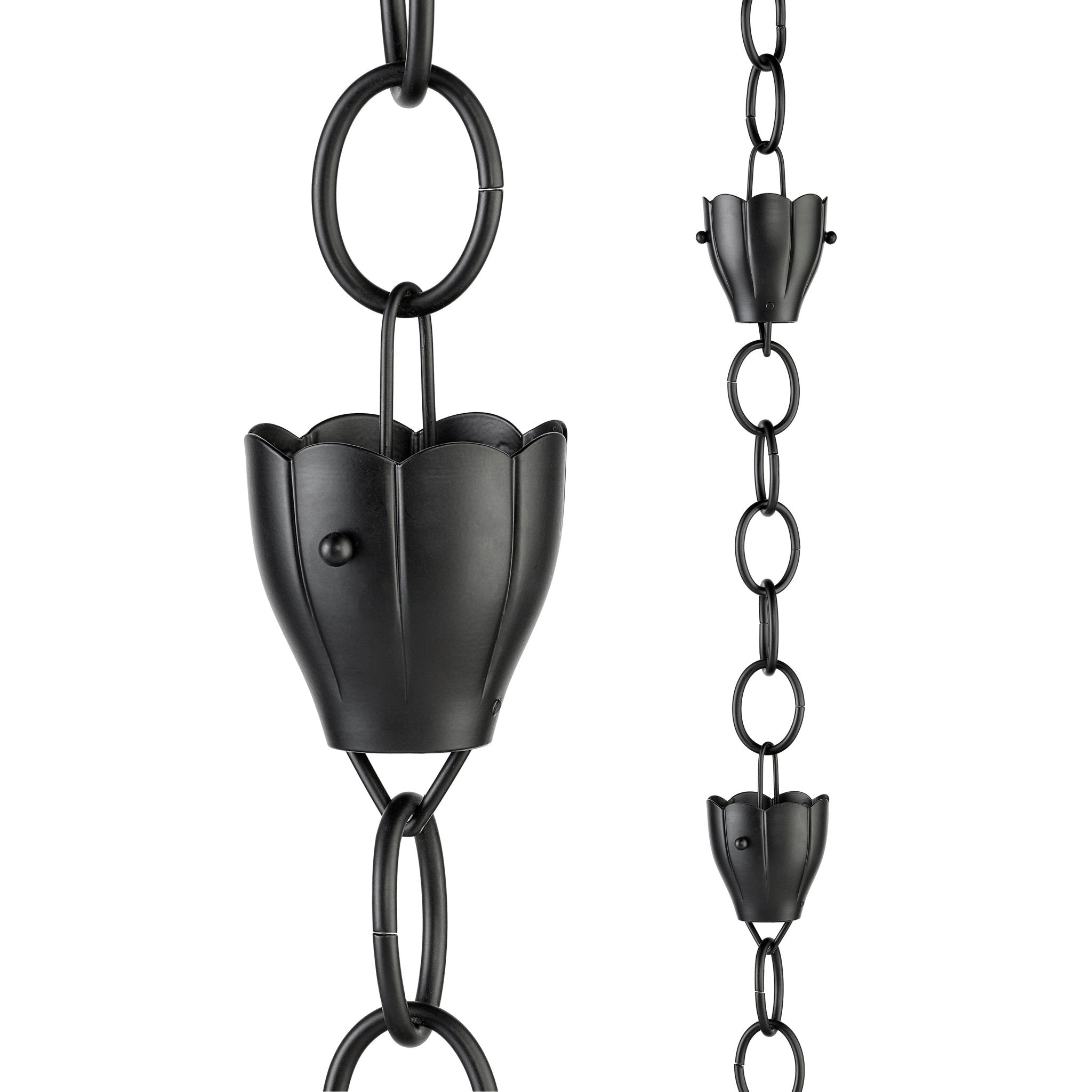 Aluminum Teardrop Rain Chain — twenty teardrop-shaped aluminum cups with smooth flowing form