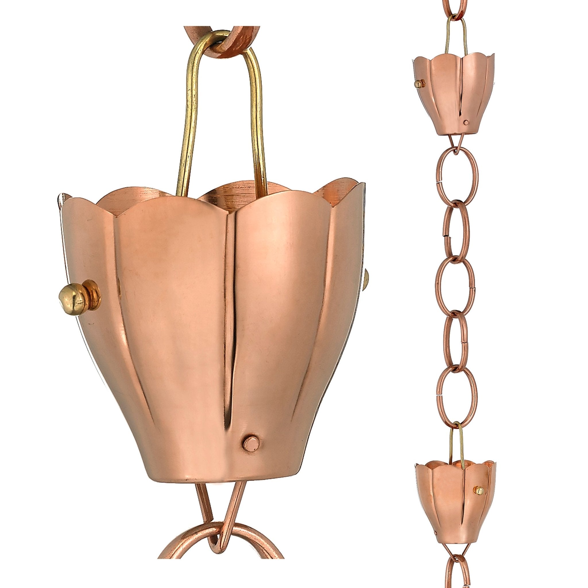 Copper Cup Rain Chain — sixteen hand-formed copper cups in a flowing cascade, 8 feet long