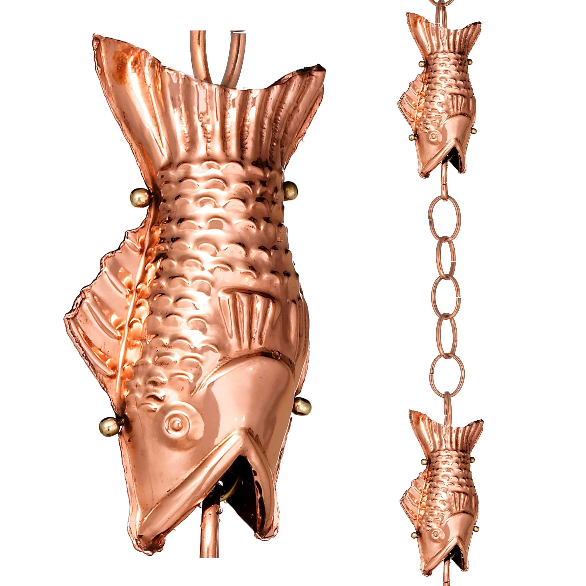 Copper Ribbon Rain Chain — twisted copper helix links forming a continuous flowing ribbon design
