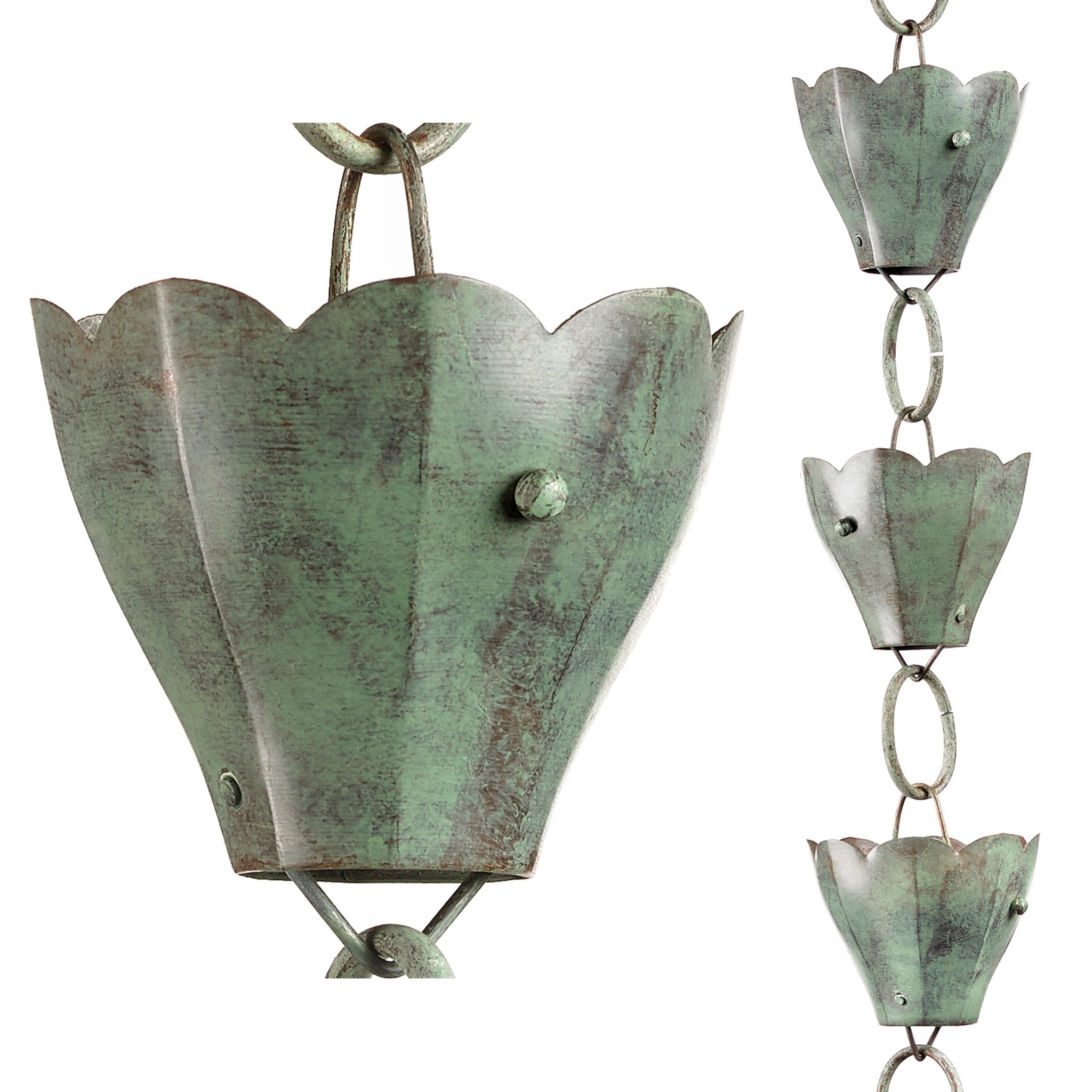 Lotus Cup Rain Chain — twelve individually hammered copper lotus bloom cups in a cascading chain