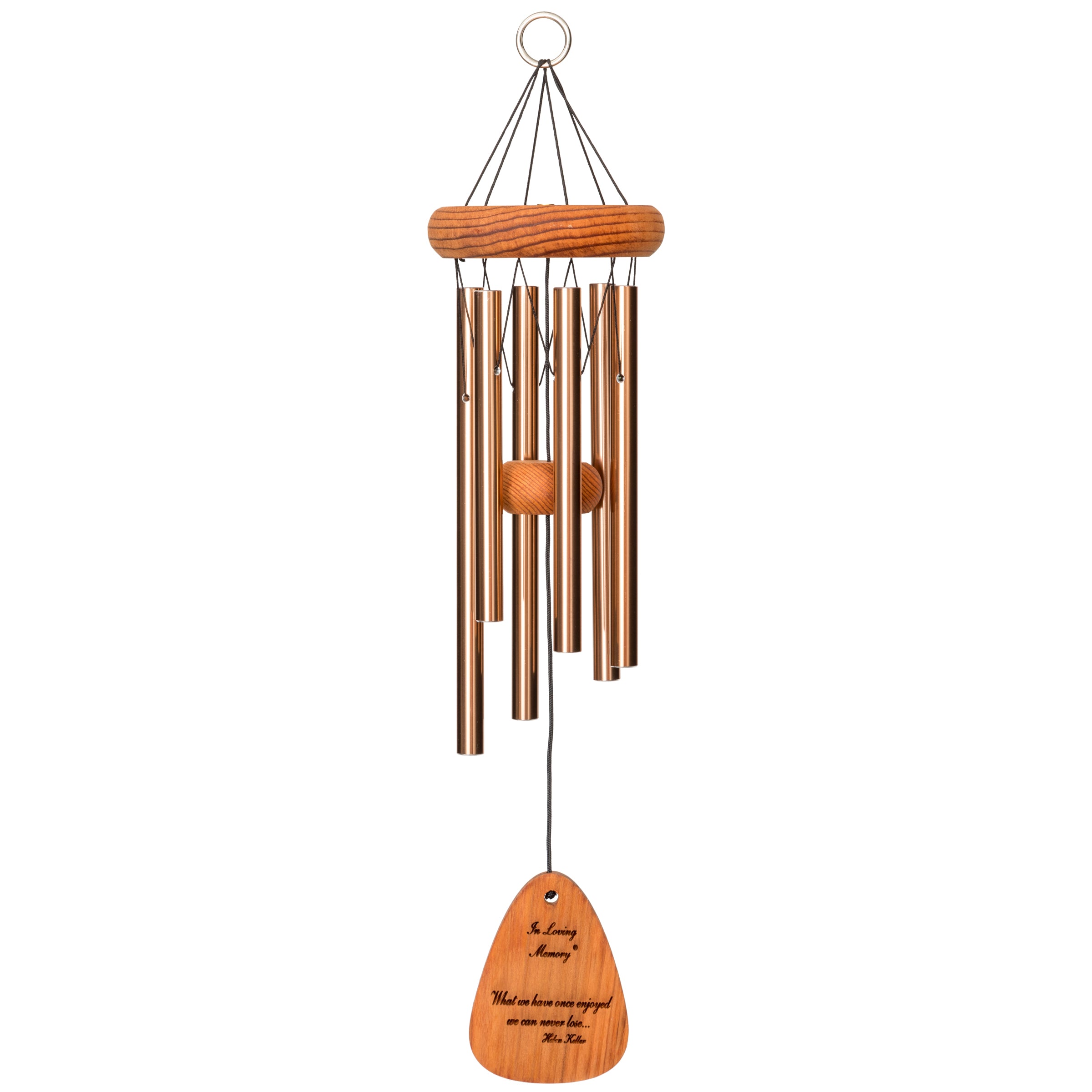 Remembrance Wind Chime in garden setting with polished aluminum tubes and walnut wood top